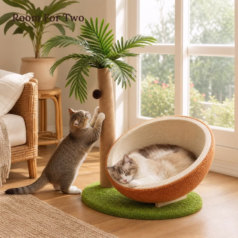 Tropical Cat Tree with Coconut Bed, Sisal Scratching Post & Pom Pom Toy, Indoor Cat Furniture, Large Cat Condo - Image 10