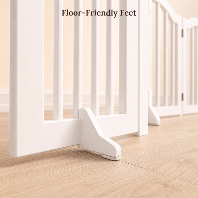 Freestanding Dog Gate, White Wooden 4 Panel Pet Fence, Foldable Indoor Puppy Barrier for Doorway Hallway Kitchen, No Assembly Pet Gate - Image 10
