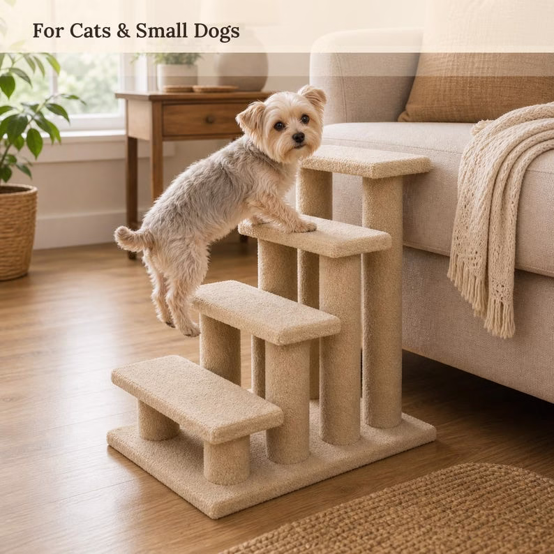 4 Step Carpeted Dog Stairs, Stairs for Cat, Beige Bedside Pet Steps, Senior Pet Ramp, Soft Plush Cat Scratcher - Image 6