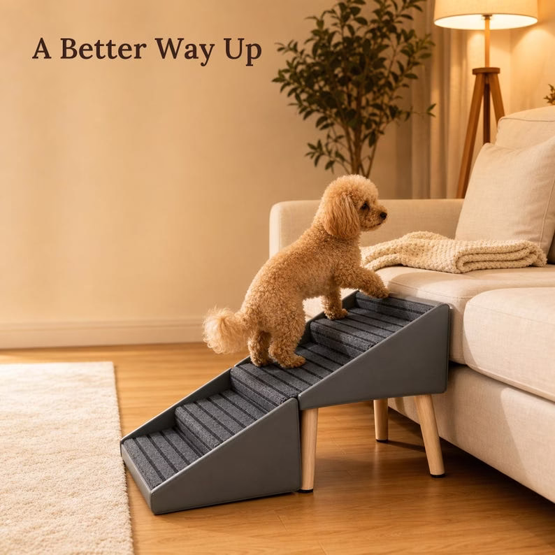 2-in-1 Folding Dog Ramp for Couch and Bed, 4 Step Pet Stairs for Small & Senior Dogs, Non Slip Carpet Tread, Grey Ottoman - Image 11