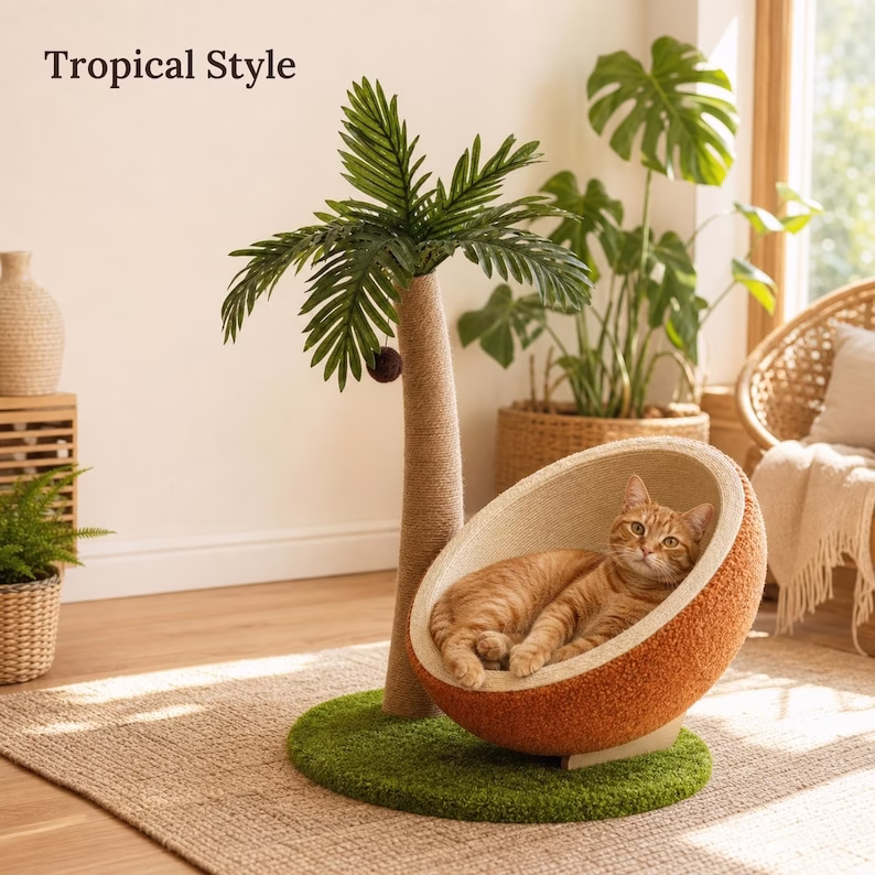 Tropical Cat Tree with Coconut Bed, Sisal Scratching Post & Pom Pom Toy, Indoor Cat Furniture, Large Cat Condo - Image 11