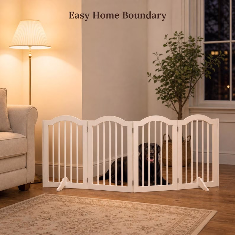 Freestanding Dog Gate, White Wooden 4 Panel Pet Fence, Foldable Indoor Puppy Barrier for Doorway Hallway Kitchen, No Assembly Pet Gate - Image 11
