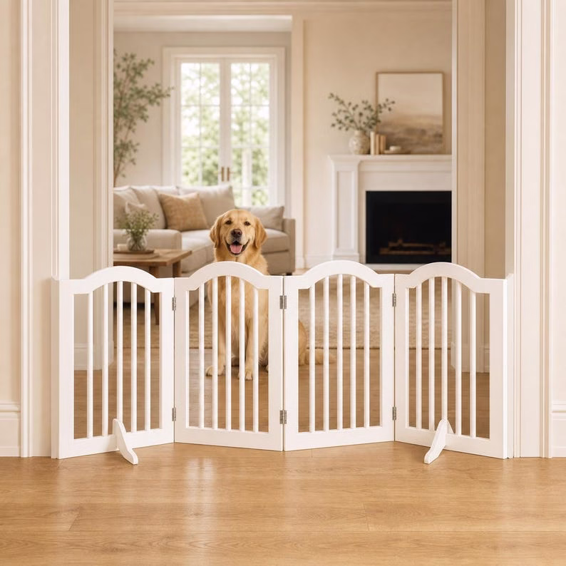 Freestanding Dog Gate, White Wooden 4 Panel Pet Fence, Foldable Indoor Puppy Barrier for Doorway Hallway Kitchen, No Assembly Pet Gate - Image 12